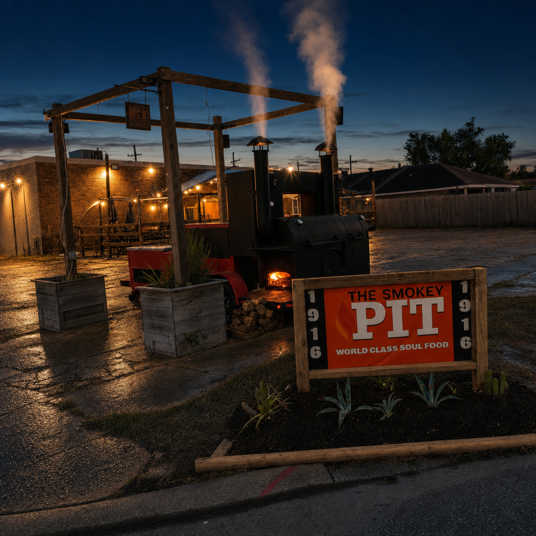 Shango, our big red smoker, at first light