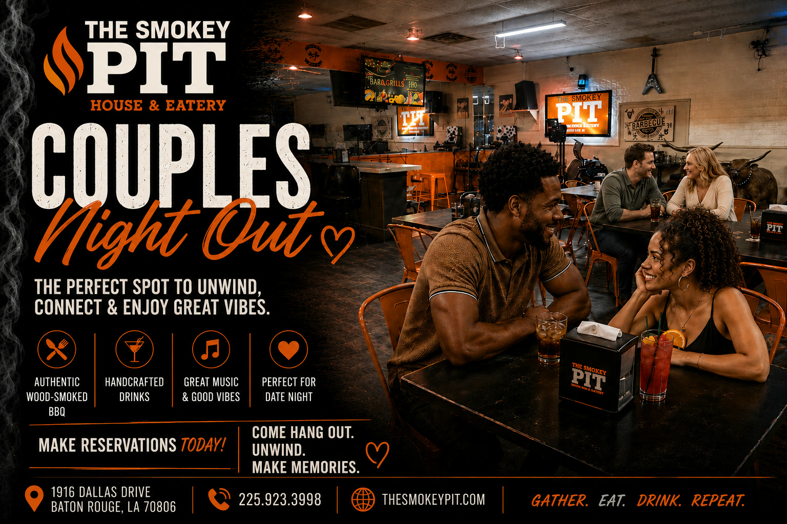 Couples enjoying dinner at a rustic restaurant.