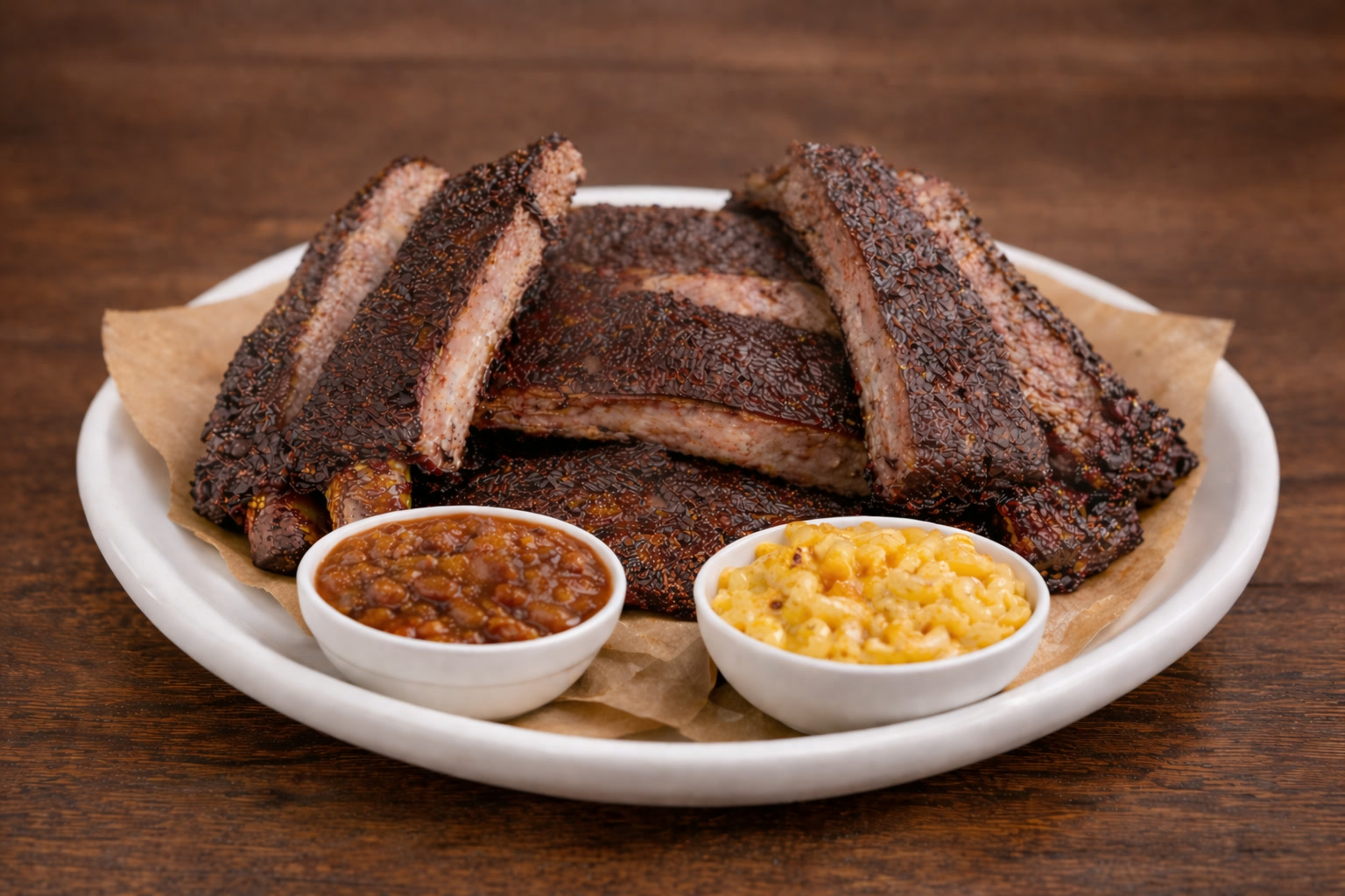 Plate of BBQ ribs with beans and mac and cheese