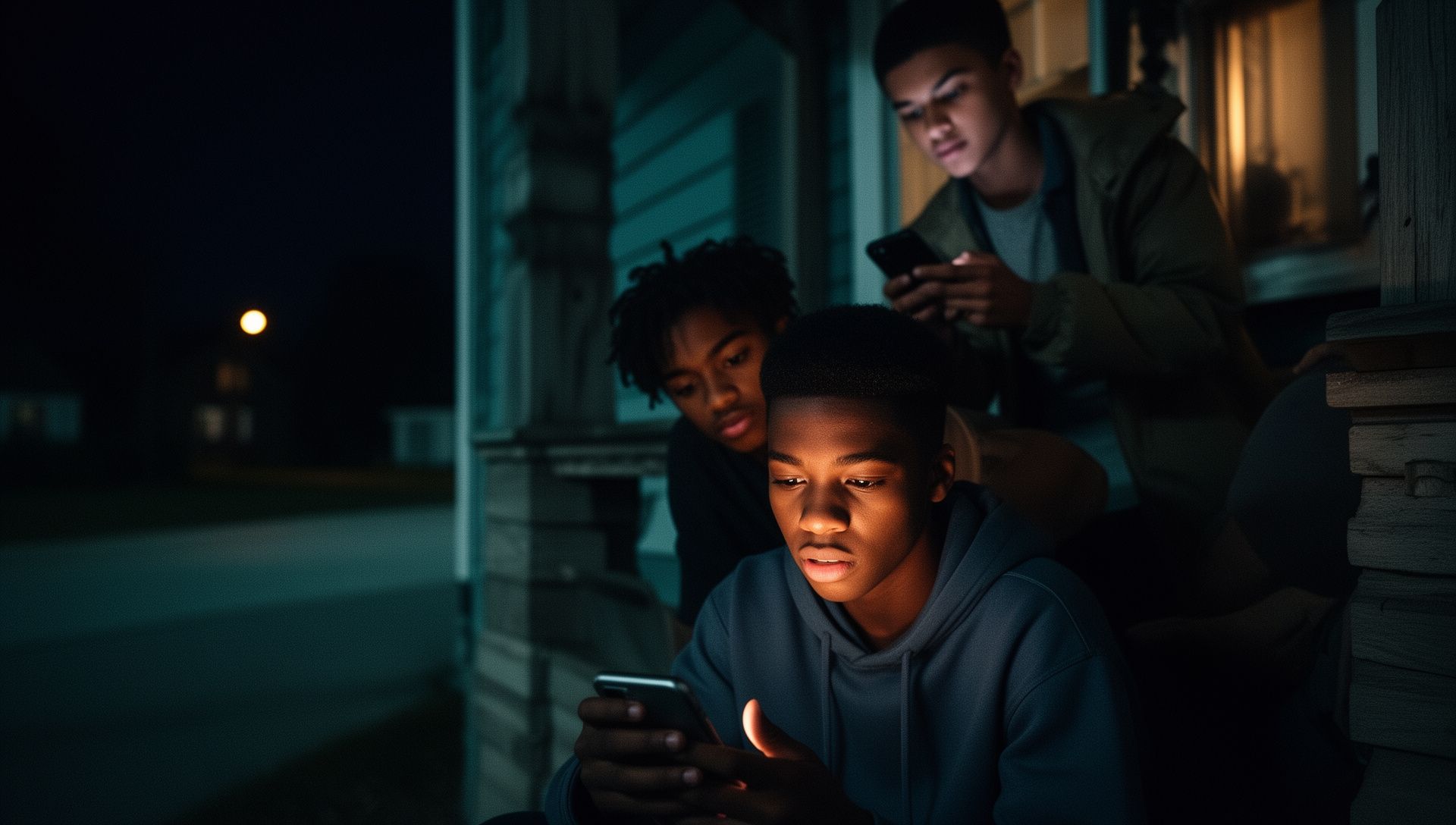 Night on a porch: a teenage boy on the steps stares at his glowing phone while two friends read over his shoulder, one already typing.