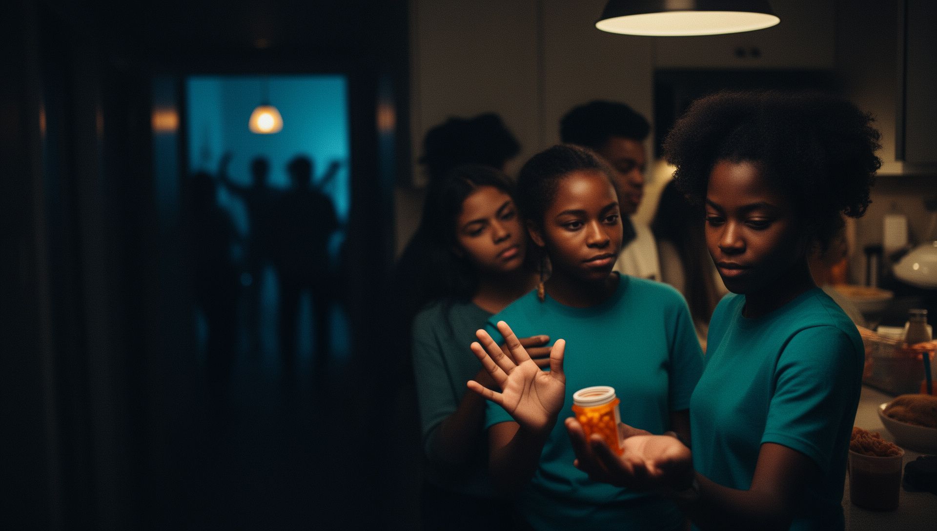 A house-party kitchen at night: a hand holds out a pill bottle and a teenage girl raises her palm while her friend watches.