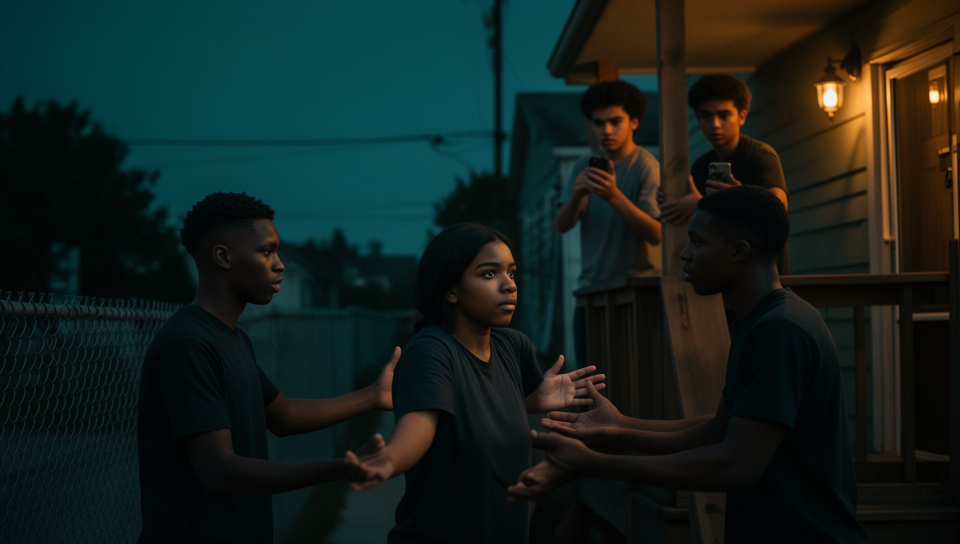 Dusk on a sidewalk: a teenage girl steps between two boys squared up, palms out, as friends watch from a porch.