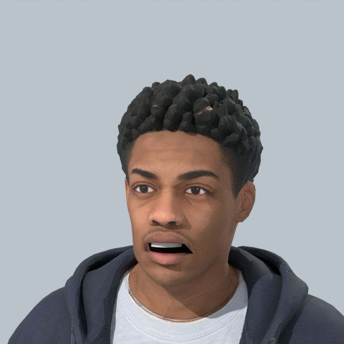 Malik, one of the Peace Labs characters, mid-sentence: built in-house with his own face, voice and history.