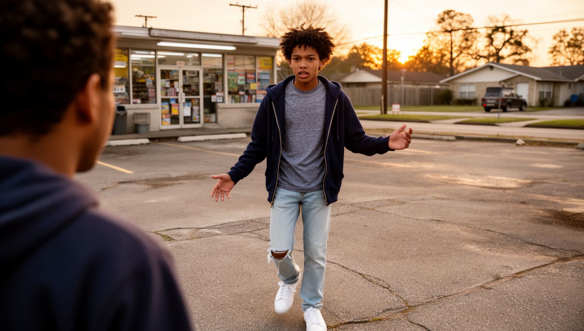 Two teenage boys face each other in a corner-store parking lot at sunset; one steps forward mid-sentence with open hands.