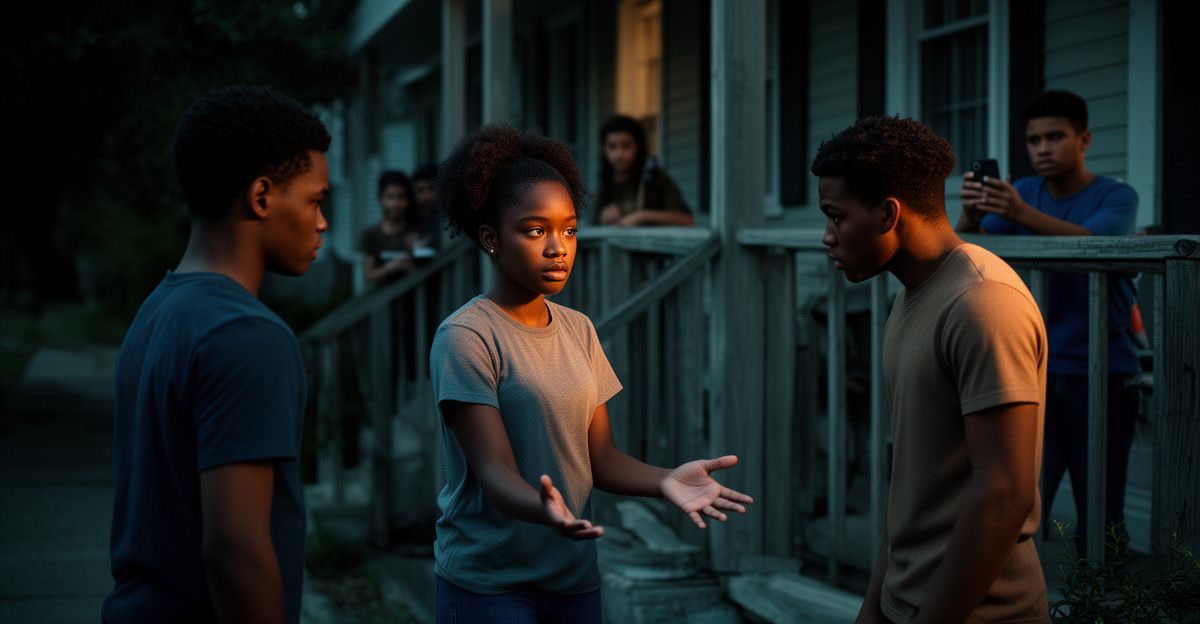A teenage girl steps between two boys on a sidewalk at dusk, palms out, while friends watch from a porch.