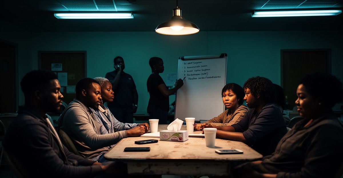 Six adults around a table in a community center at night while a coordinator writes a list on a whiteboard.