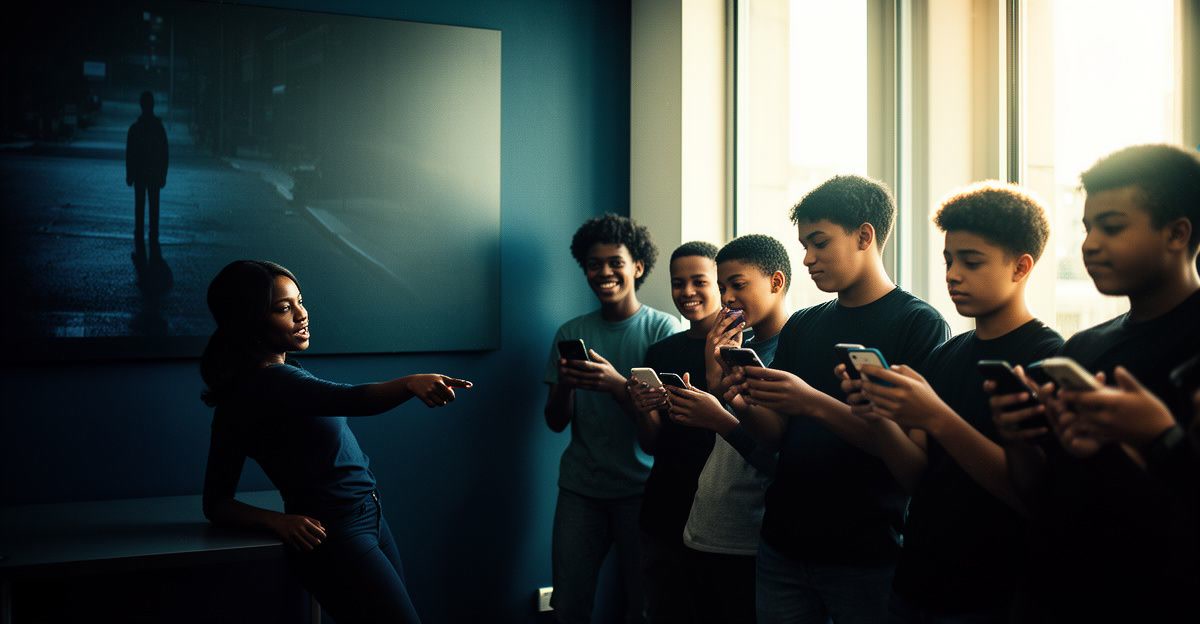 A facilitator points at a wall screen showing a street scene while eight teenagers follow along on their phones.