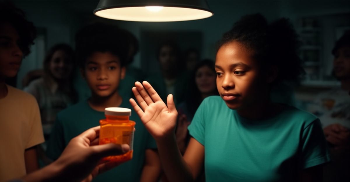 At a crowded house party a hand holds out a pill bottle; a teenage girl raises her palm and turns away.