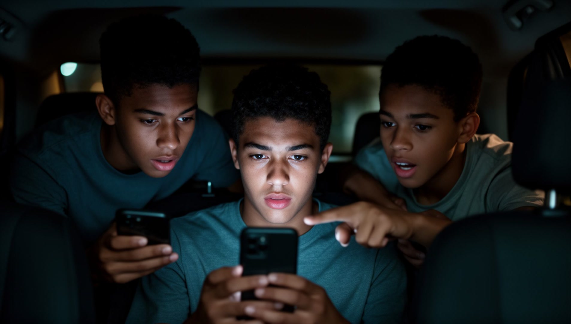 A teenage boy stares at his phone at night, its glow on his face, as two friends lean in over his shoulder to read a post.