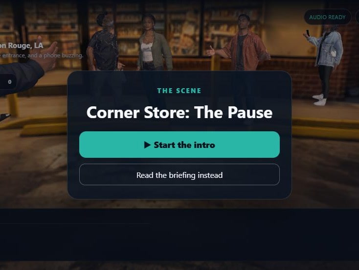 The live Corner Store scene in the Peace Labs player: the market lot at dusk, the cast in place, and the Start the intro panel.