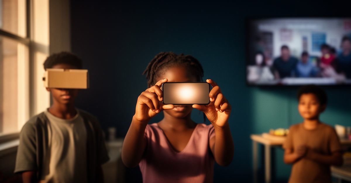 A teenage girl holds her phone up with both hands to look around a scene; behind her a boy wears a phone viewer and another watches a wall screen.