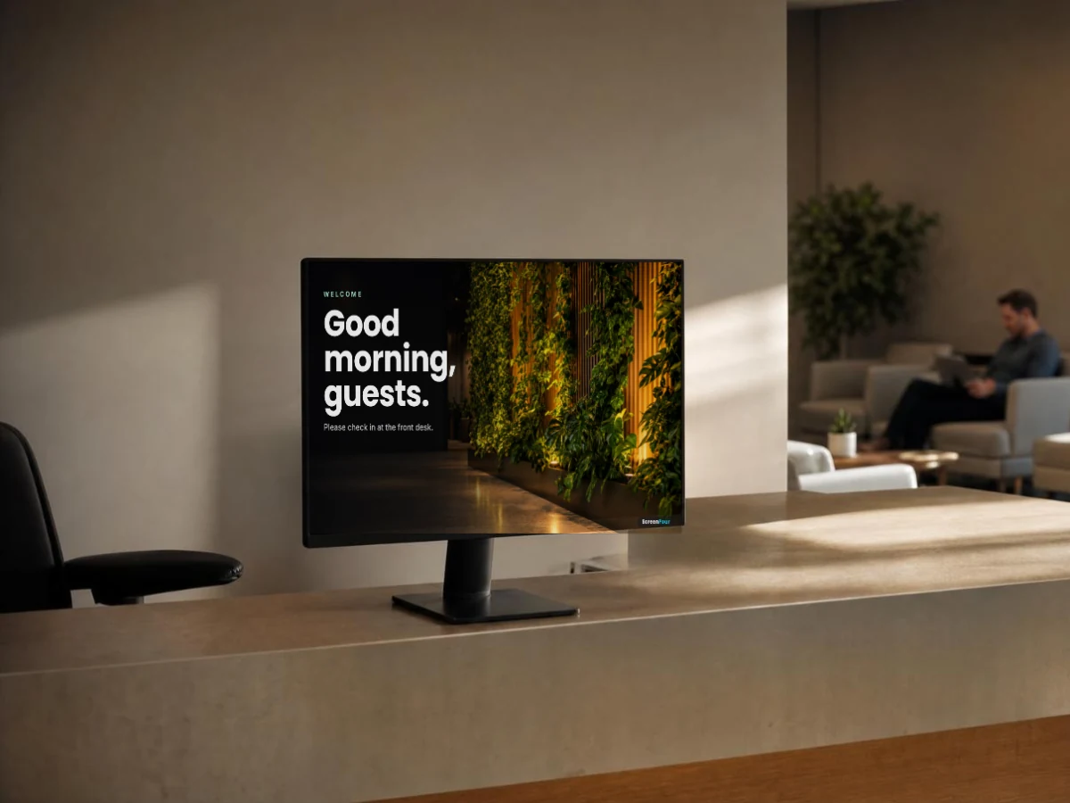 A monitor on a reception desk showing a welcome screen