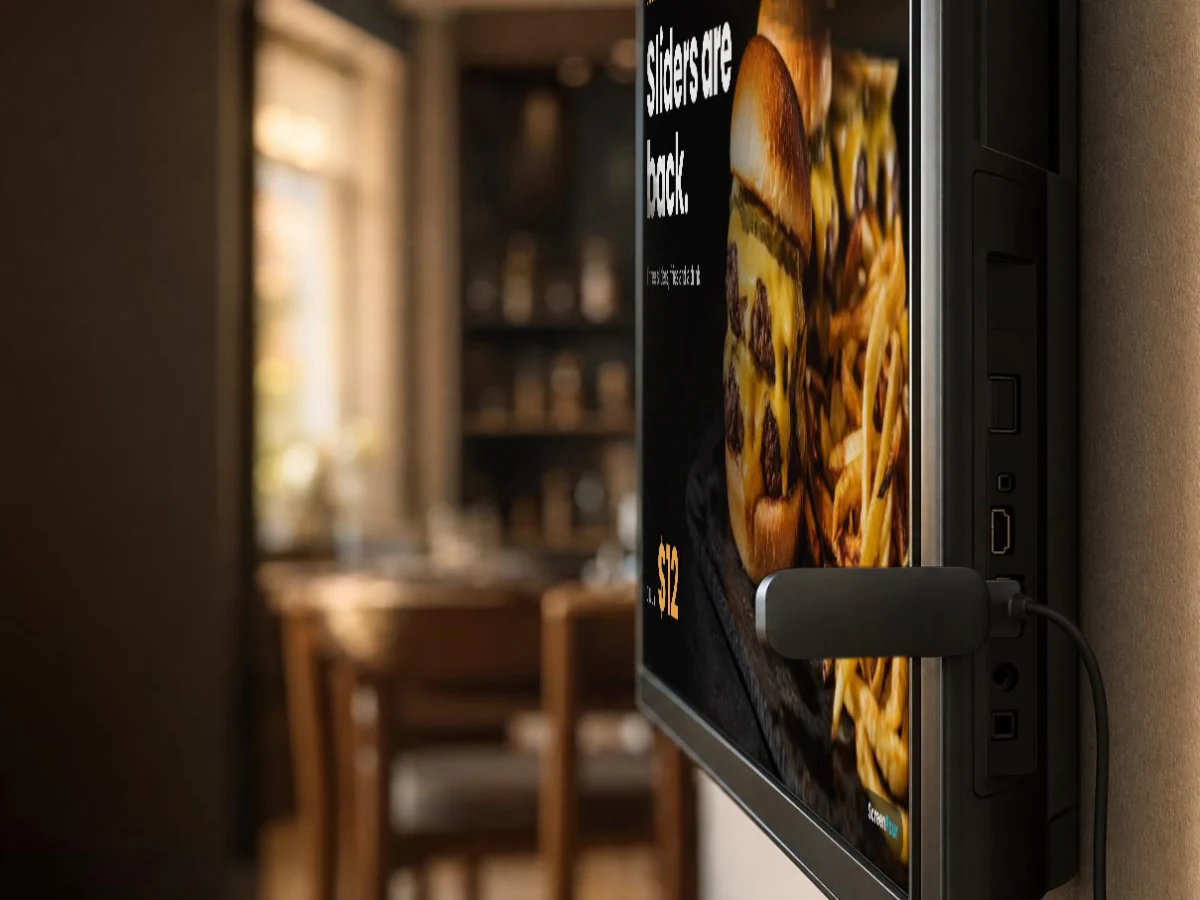 A streaming stick plugged into a wall TV showing a sliders special