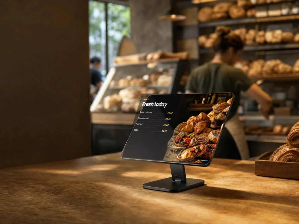 A tablet on a bakery counter stand showing todays fresh pastries and prices
