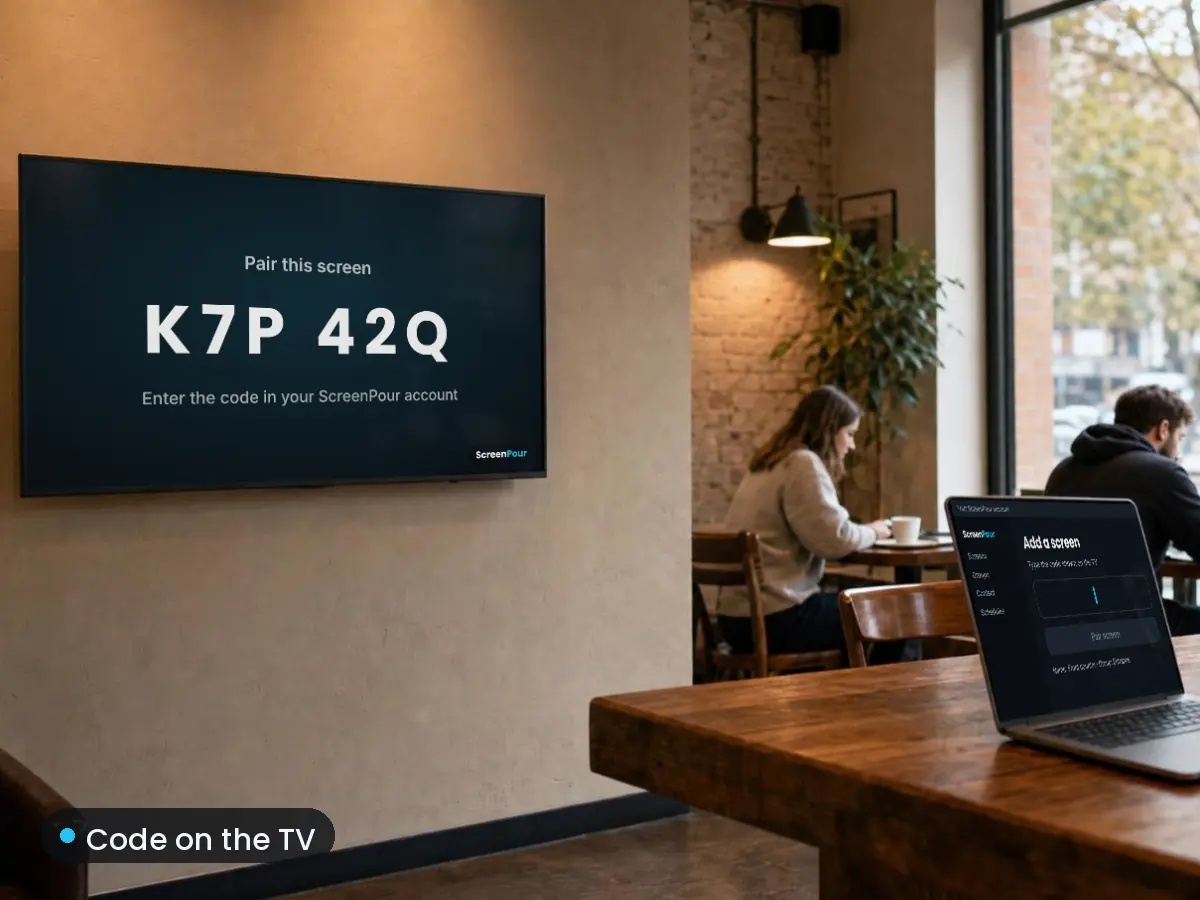 A TV shows a pairing code, it is typed into the account on a laptop, and the TV goes live with a coffee menu