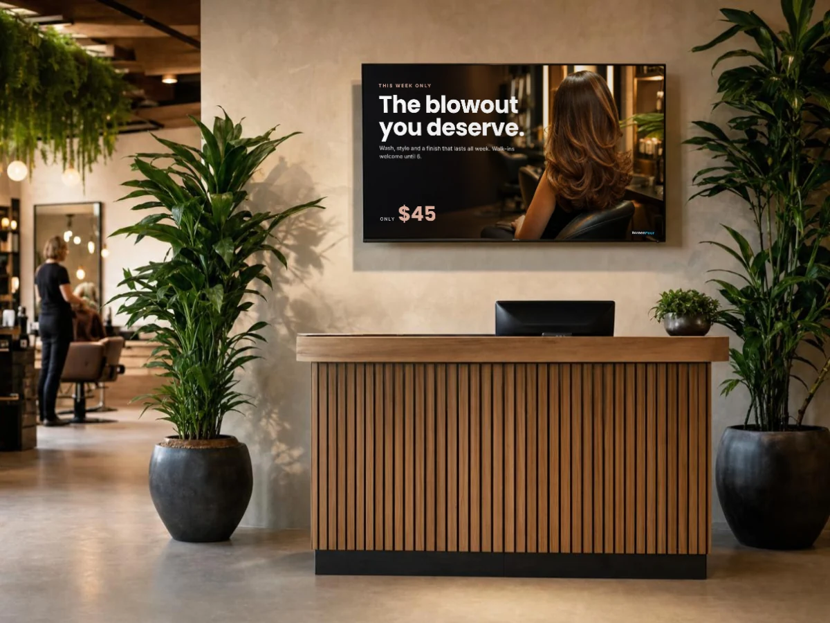 A screen above a salon reception desk promoting a blowout for 45 dollars