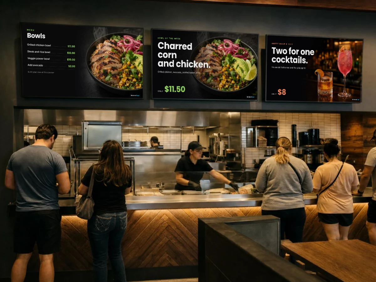 Three screens above a restaurant counter: a bowls menu, the bowl of the week and a happy hour cocktail