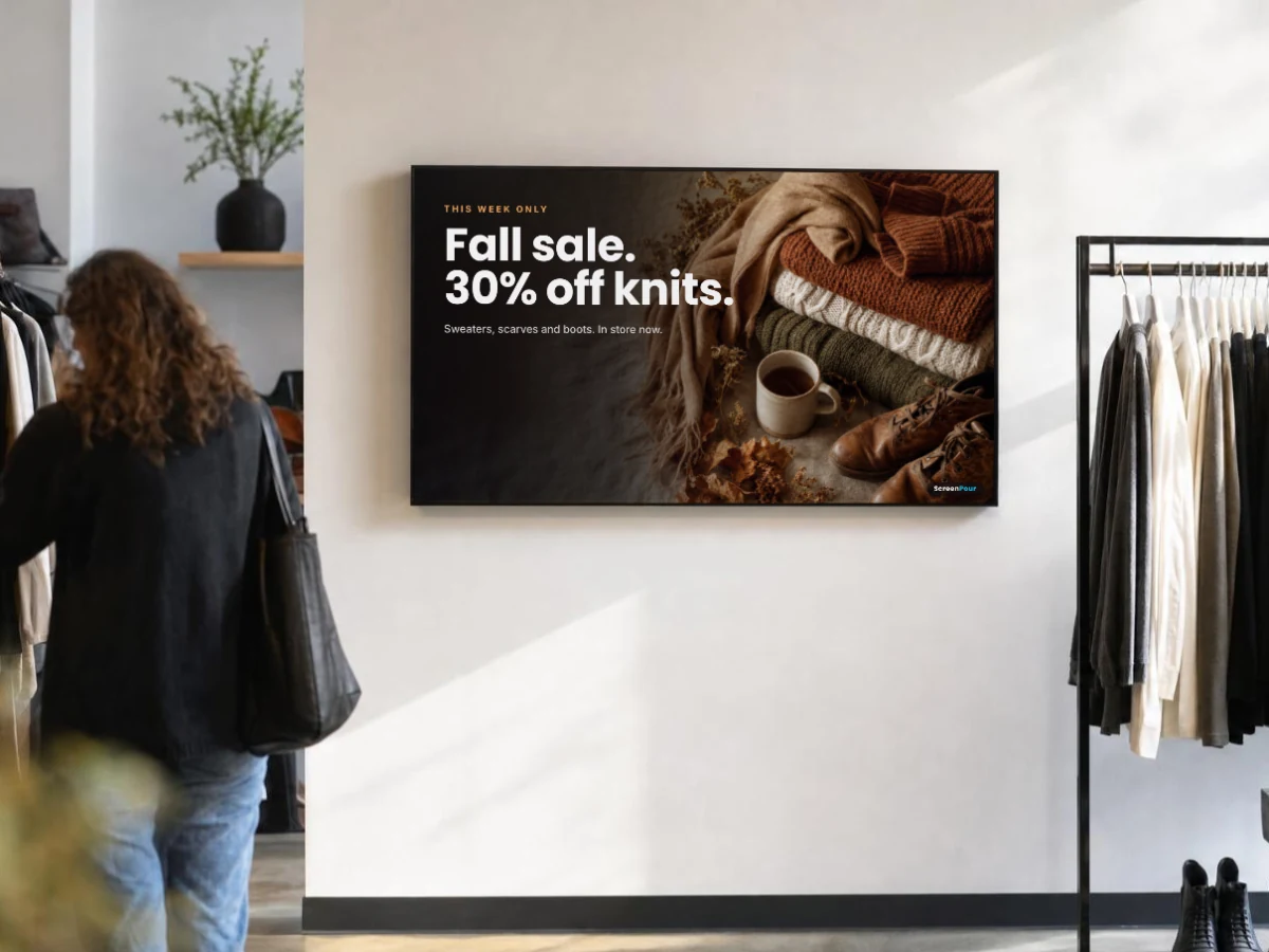 A wall screen in a clothing shop showing a fall knitwear sale over a photo of sweaters and boots