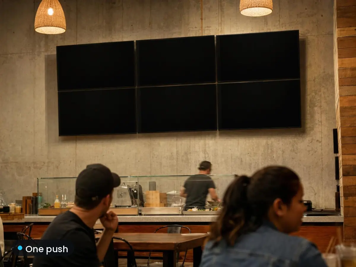 A wall of six screens in a restaurant: one breakfast push lands on all six, then one happy hour scene spans the wall, then each screen shows its own dish