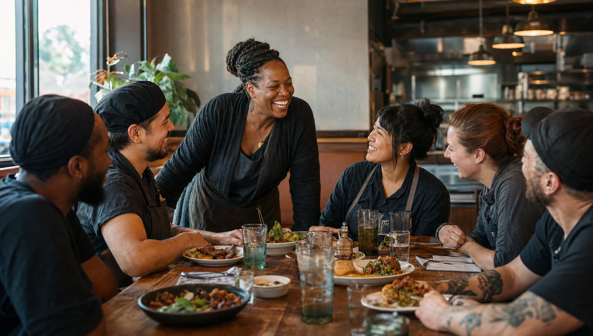 A restaurant team sharing a meal before service