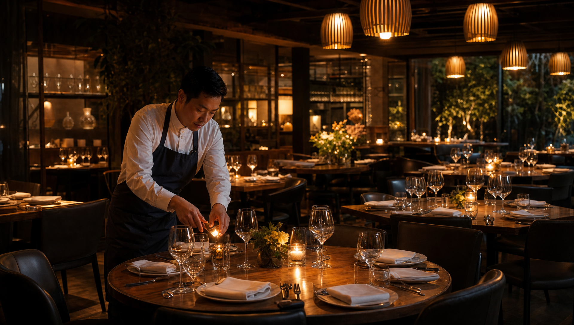 An empty dining room before opening, a server lighting candles