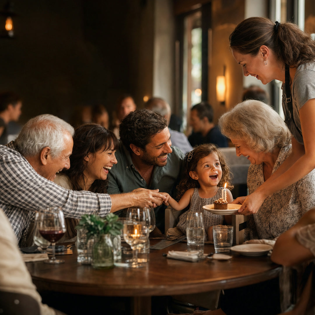 A family at a table while their server sets down a dessert with a candle