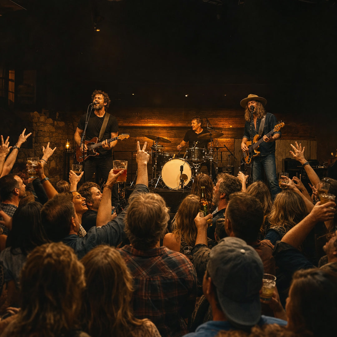 Musicians on a small stage seen from a cheering crowd
