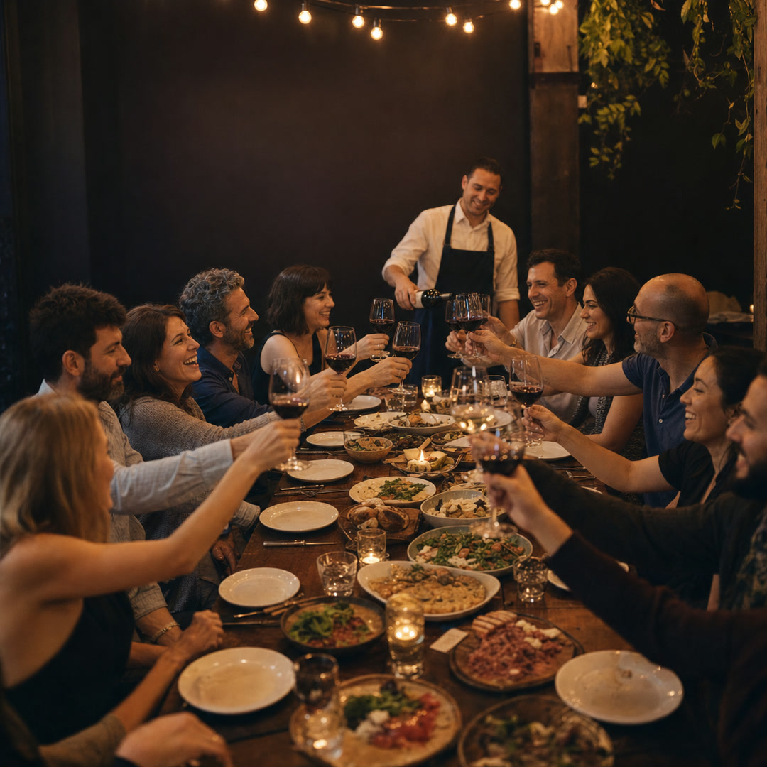 A party of twelve raising glasses under string lights