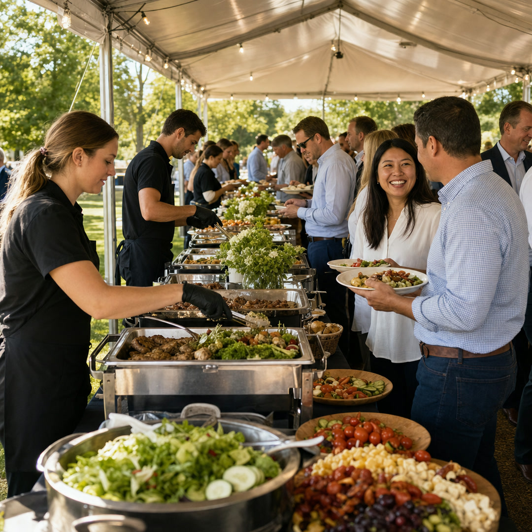 Staff serving an outdoor buffet lunch