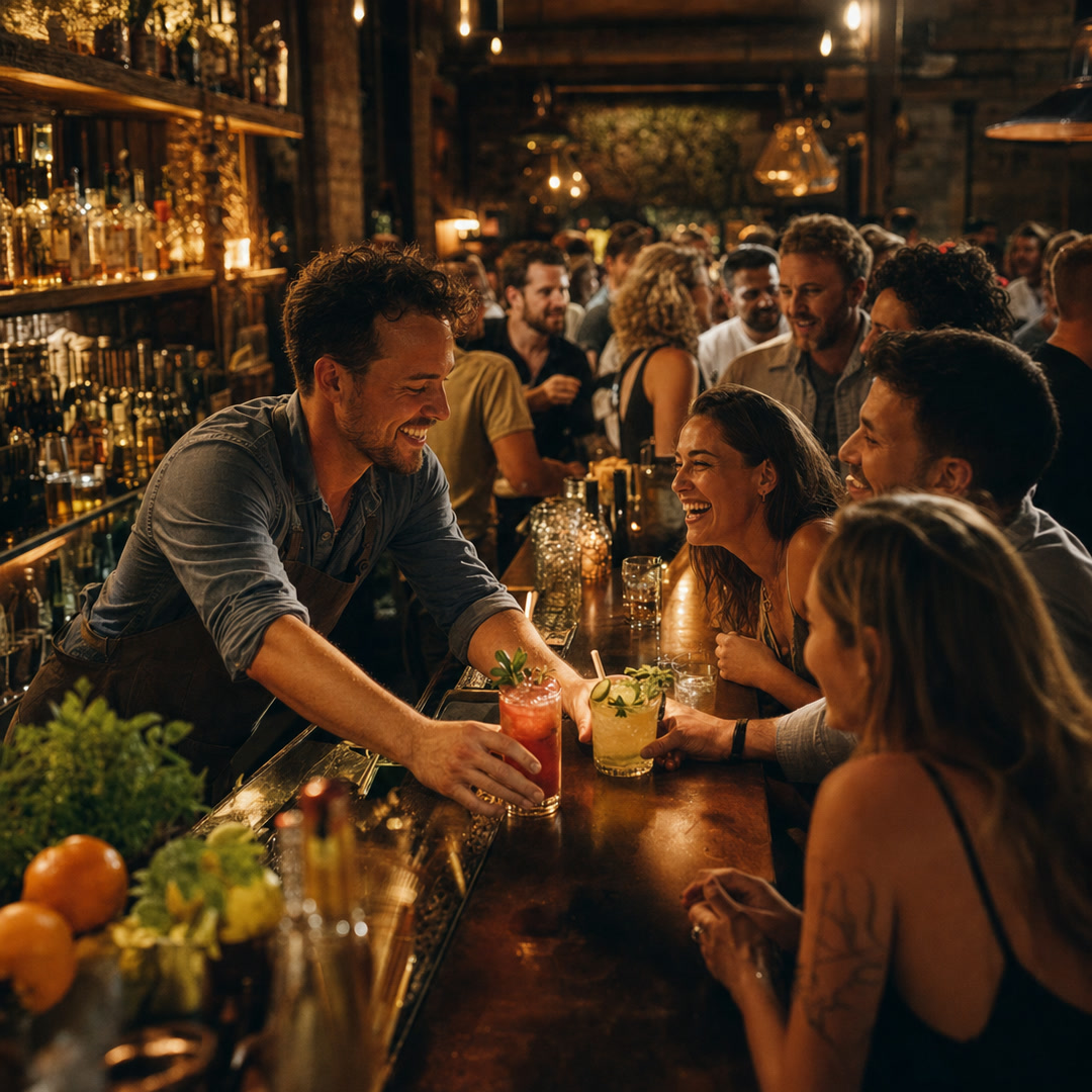 A bartender sliding two cocktails across the bar