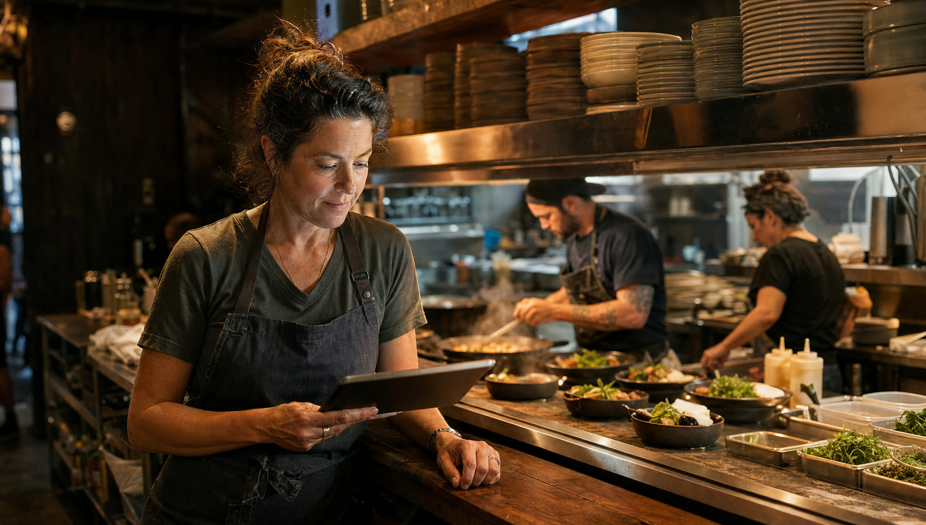 An owner at the pass glancing at a tablet while the kitchen works