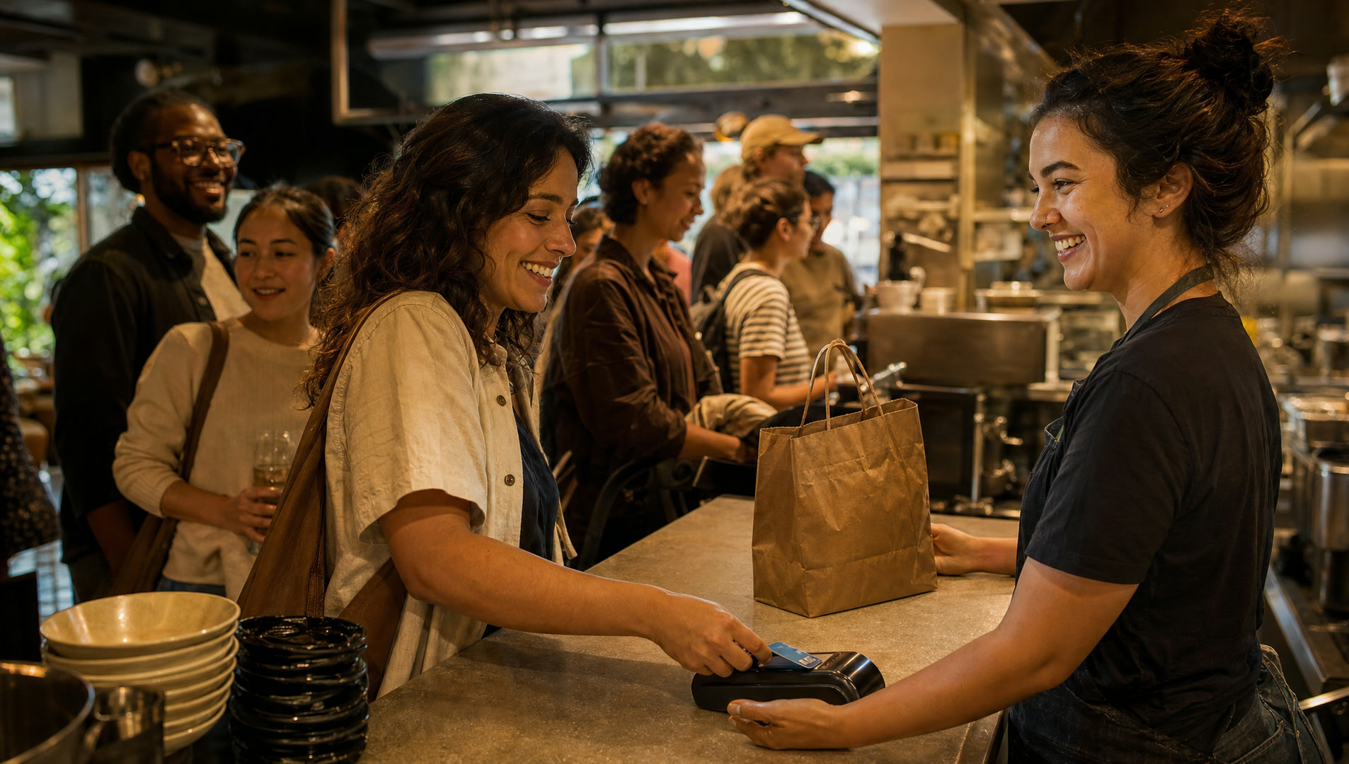 A guest paying at a counter terminal