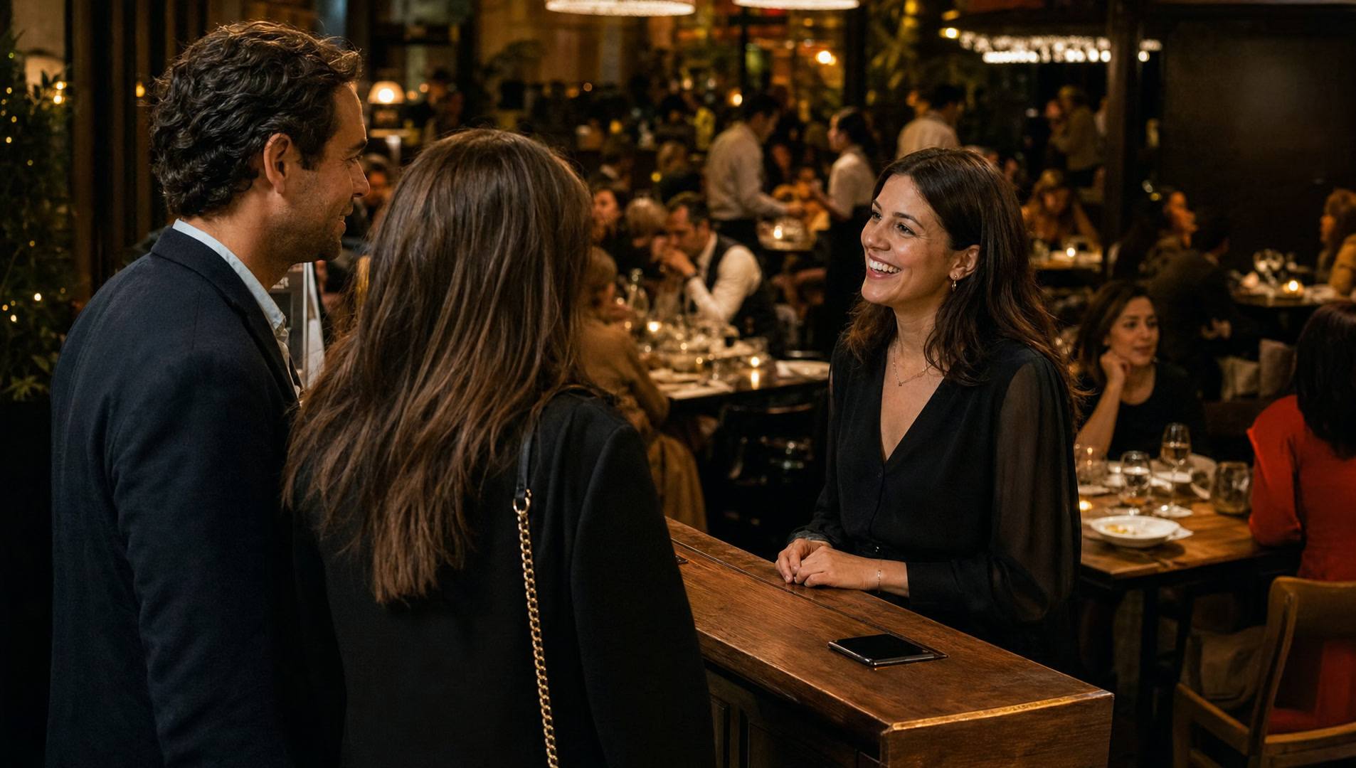 A host greeting guests on a packed night