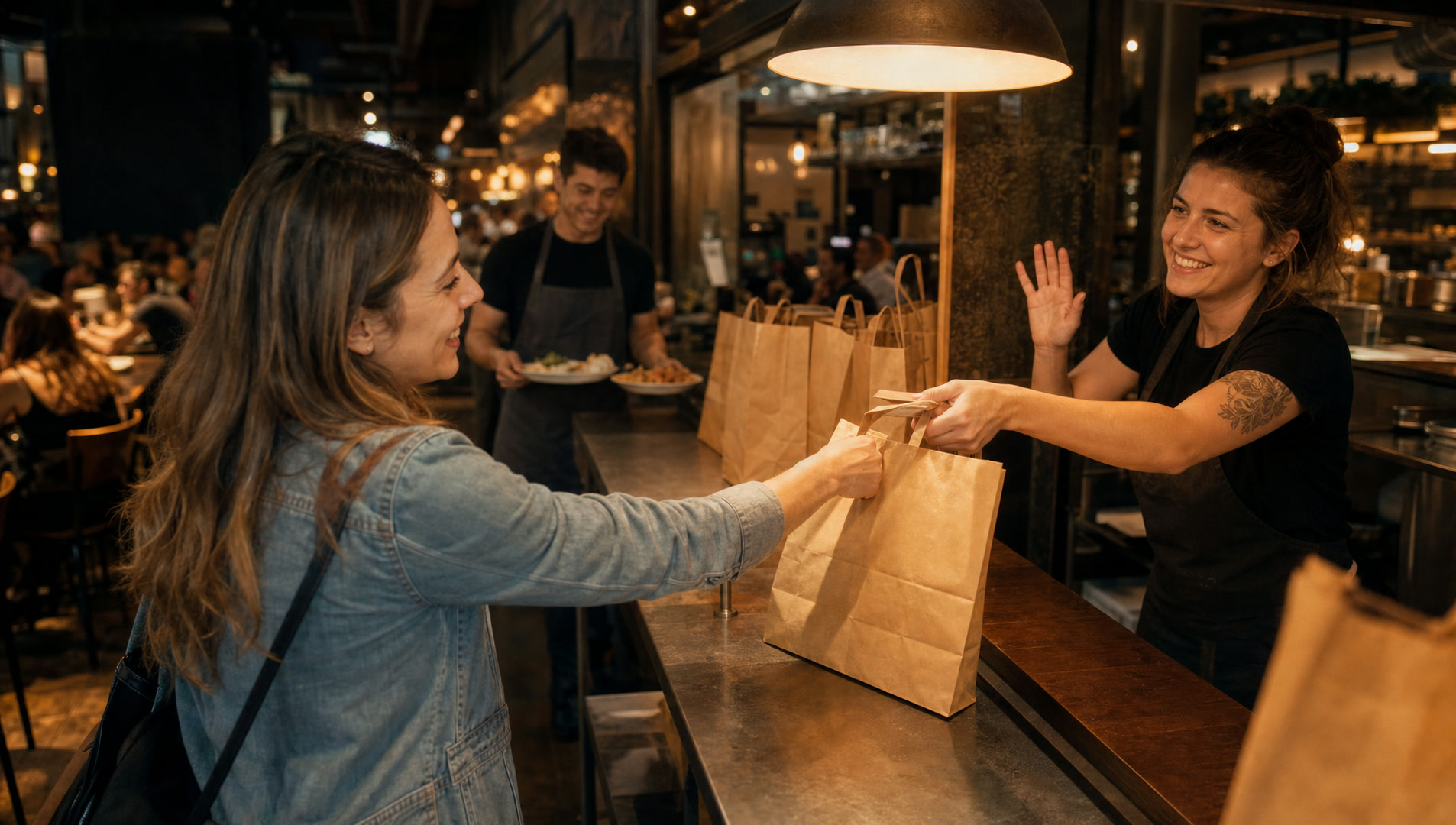 A guest collecting a bagged pickup order