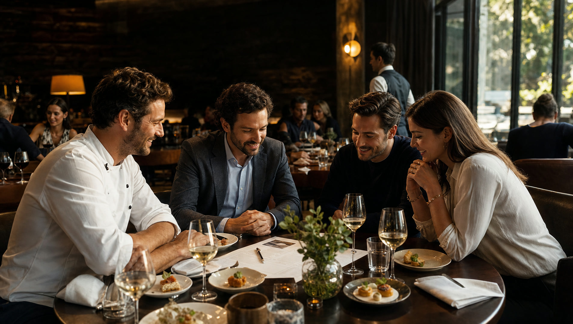 A chef and owner reviewing a proposal over tasting plates