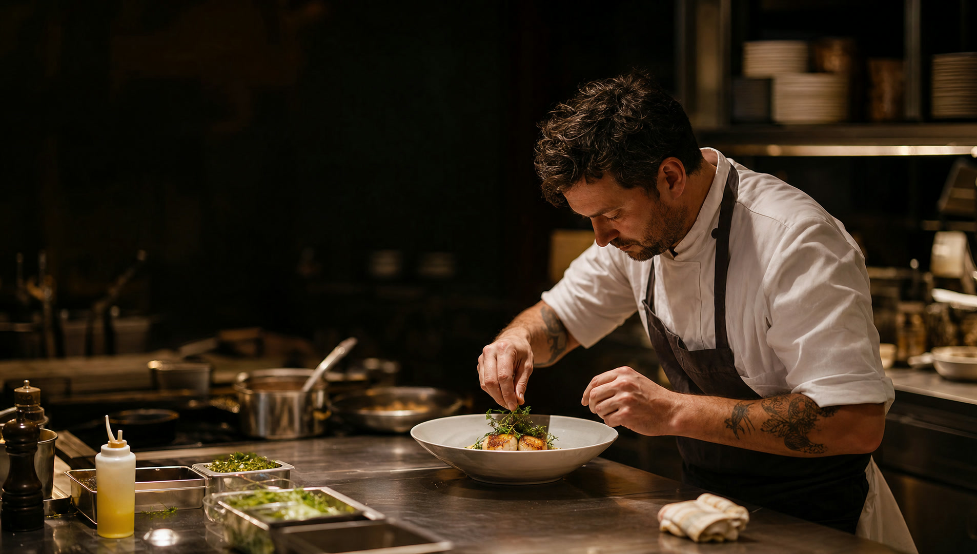 A chef portioning food on a kitchen scale