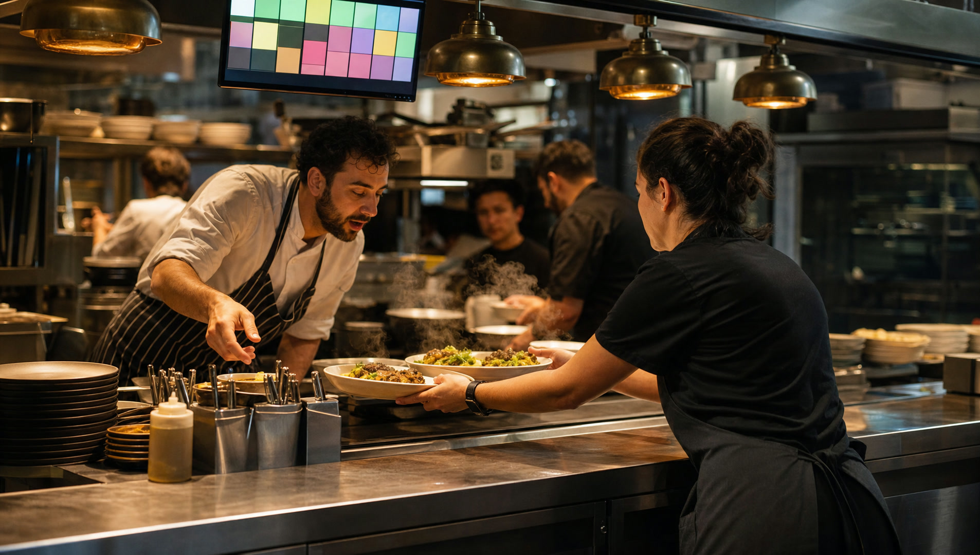 A server picking up plates at the kitchen pass