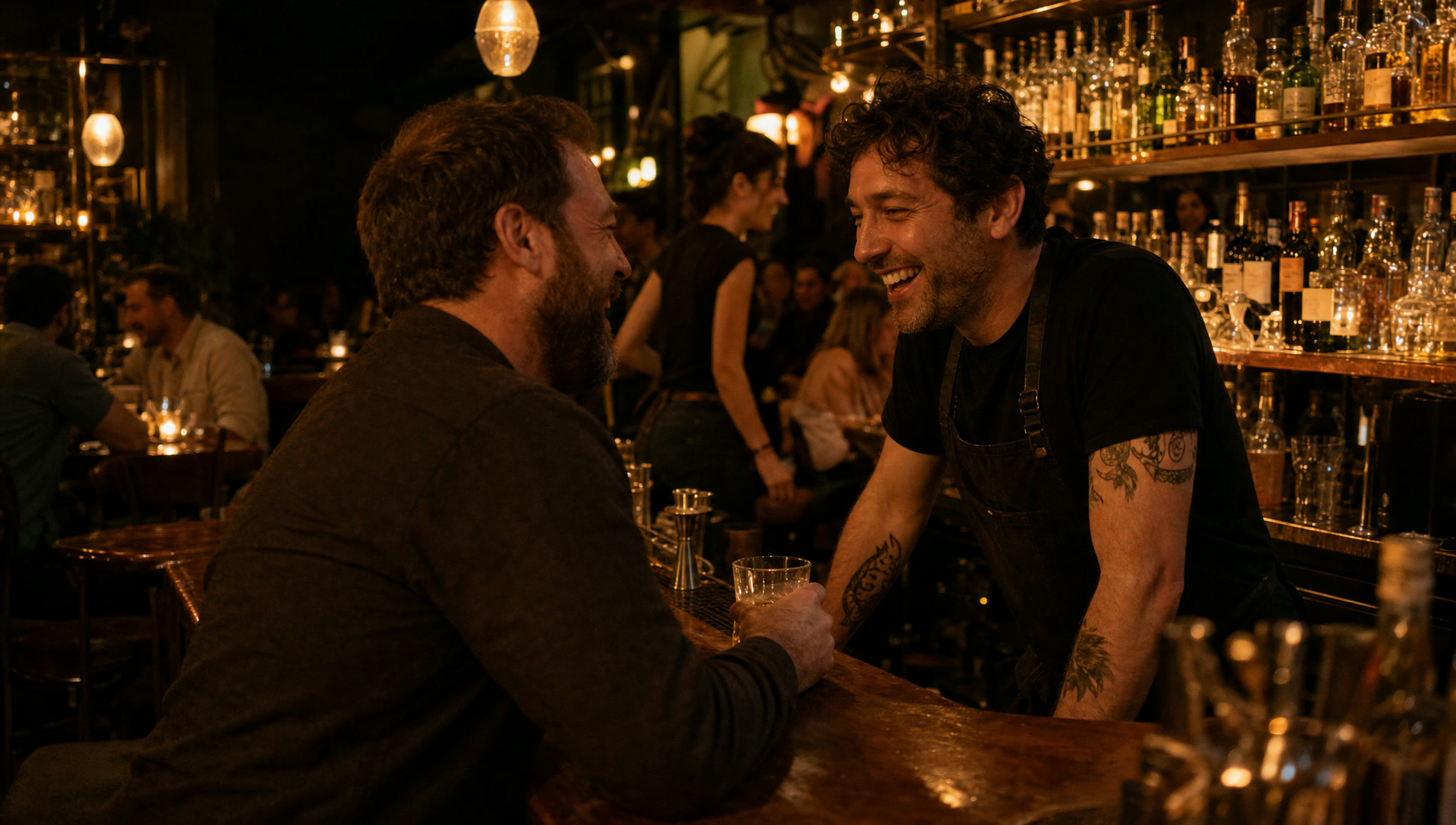 A bartender greeting a regular