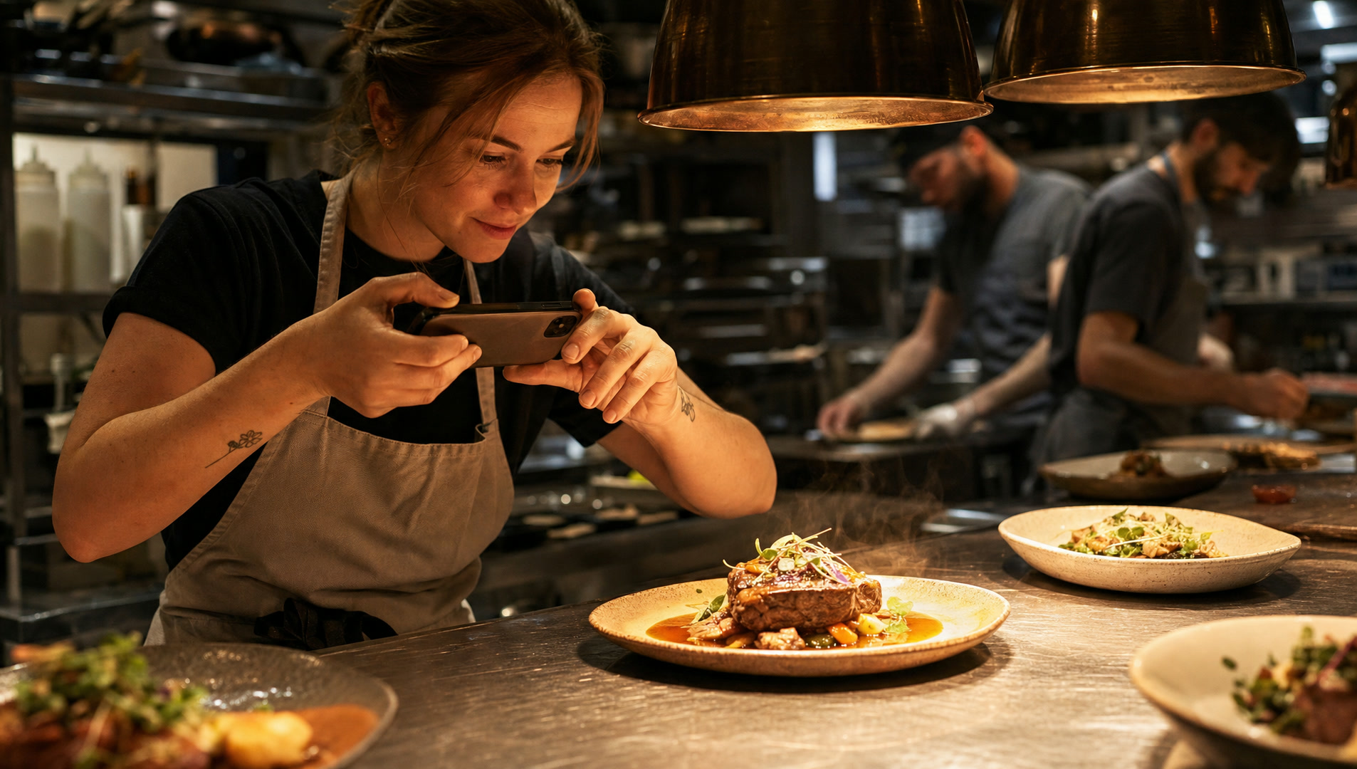 A staff member photographing a plated dish