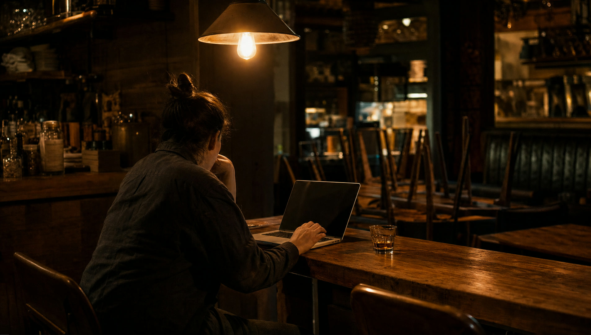 An owner at the bar after close with a laptop