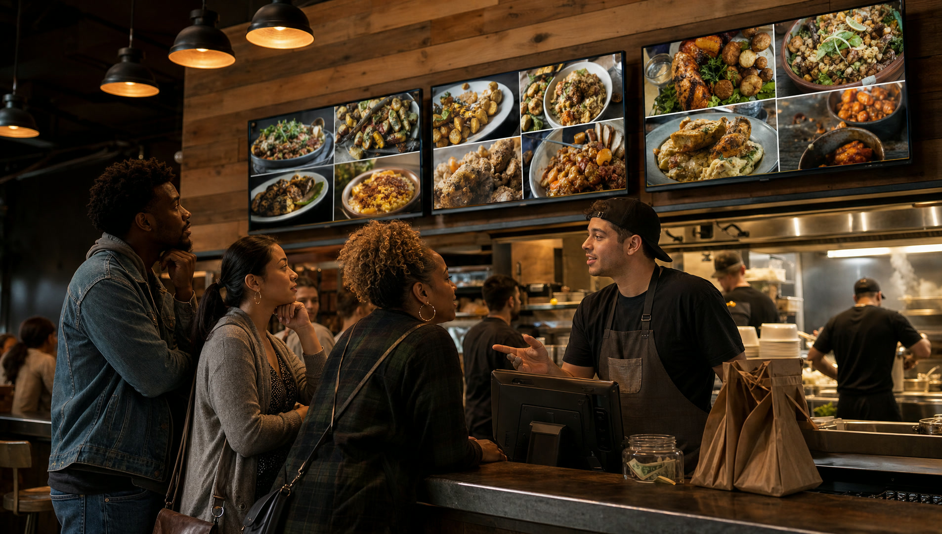Menu screens above a counter with guests ordering