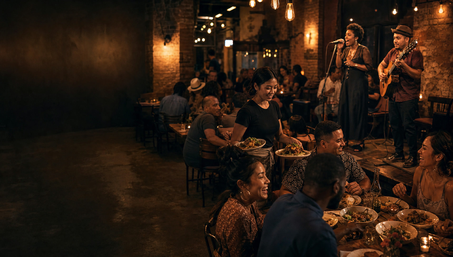 A busy night: a small band on a low stage, full tables and a server crossing with plates