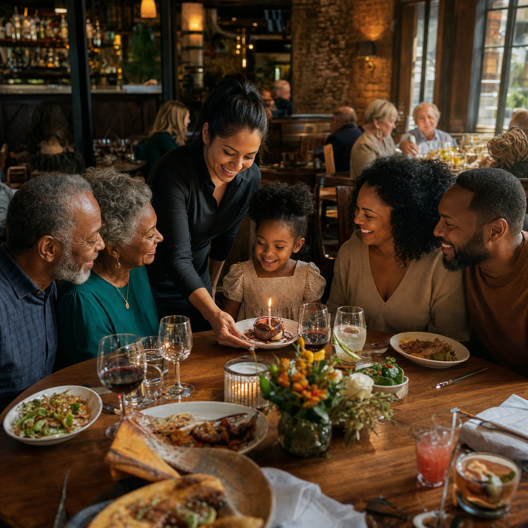 A family at a table while their server sets down a dessert with a candle