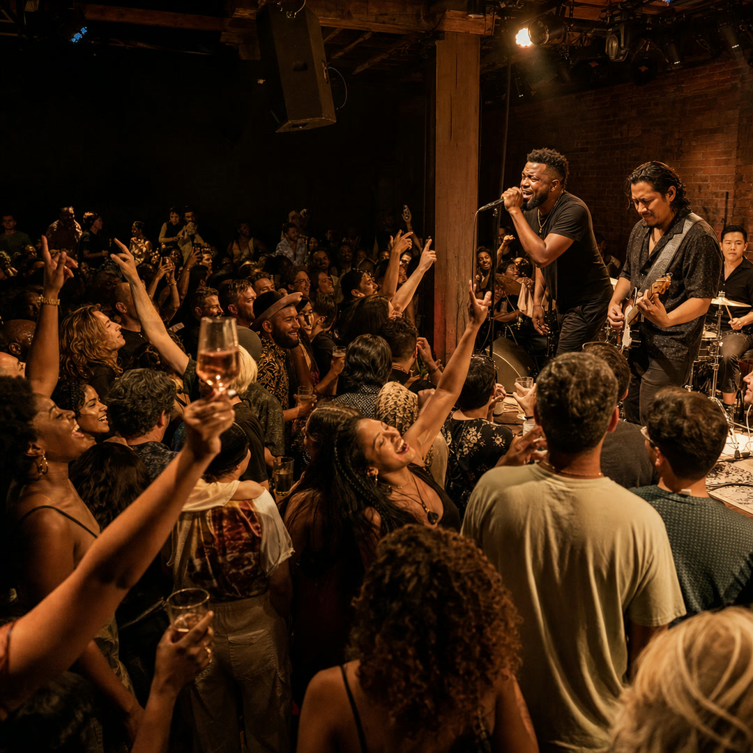 Musicians on a small stage seen from a cheering crowd