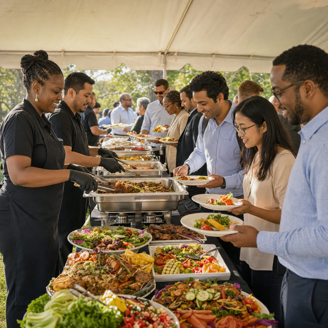 Staff serving an outdoor buffet lunch