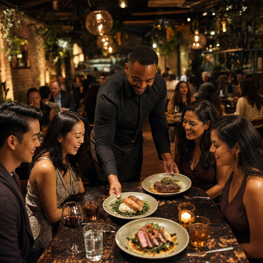 A server setting plates down at a full table