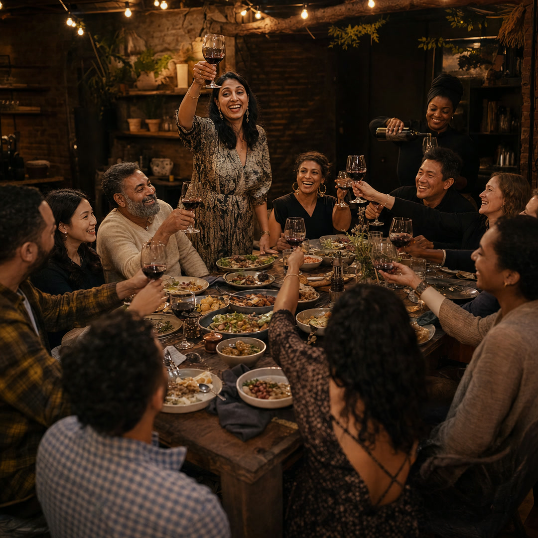 A party of twelve raising glasses under string lights