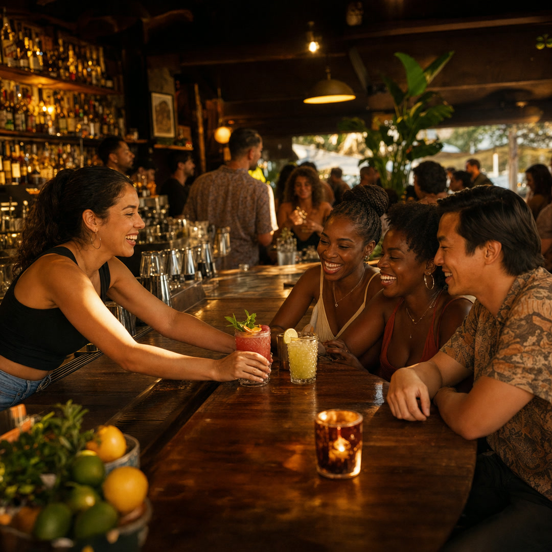 A bartender sliding two cocktails across the bar