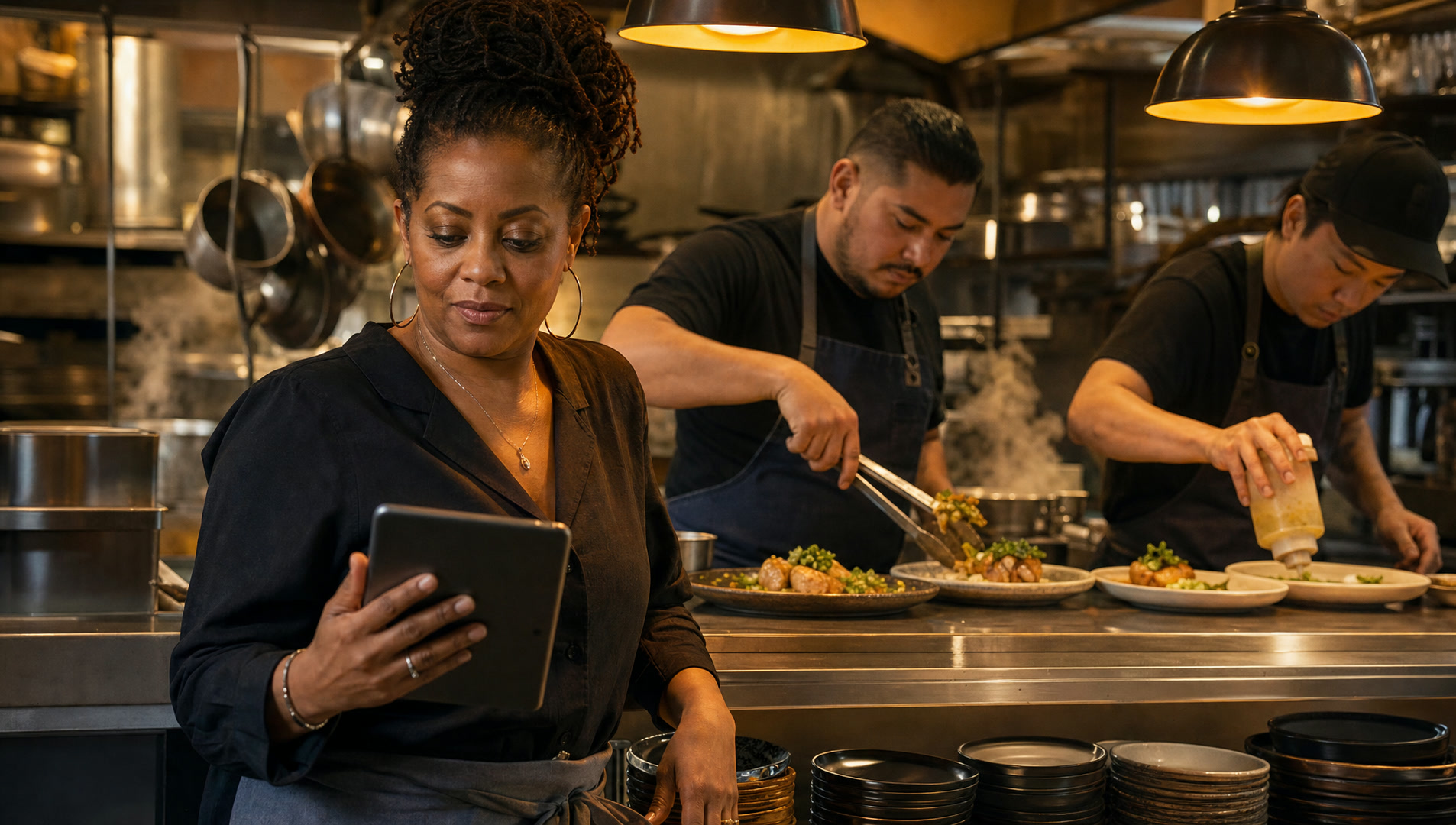 An owner at the pass glancing at a tablet while the kitchen works