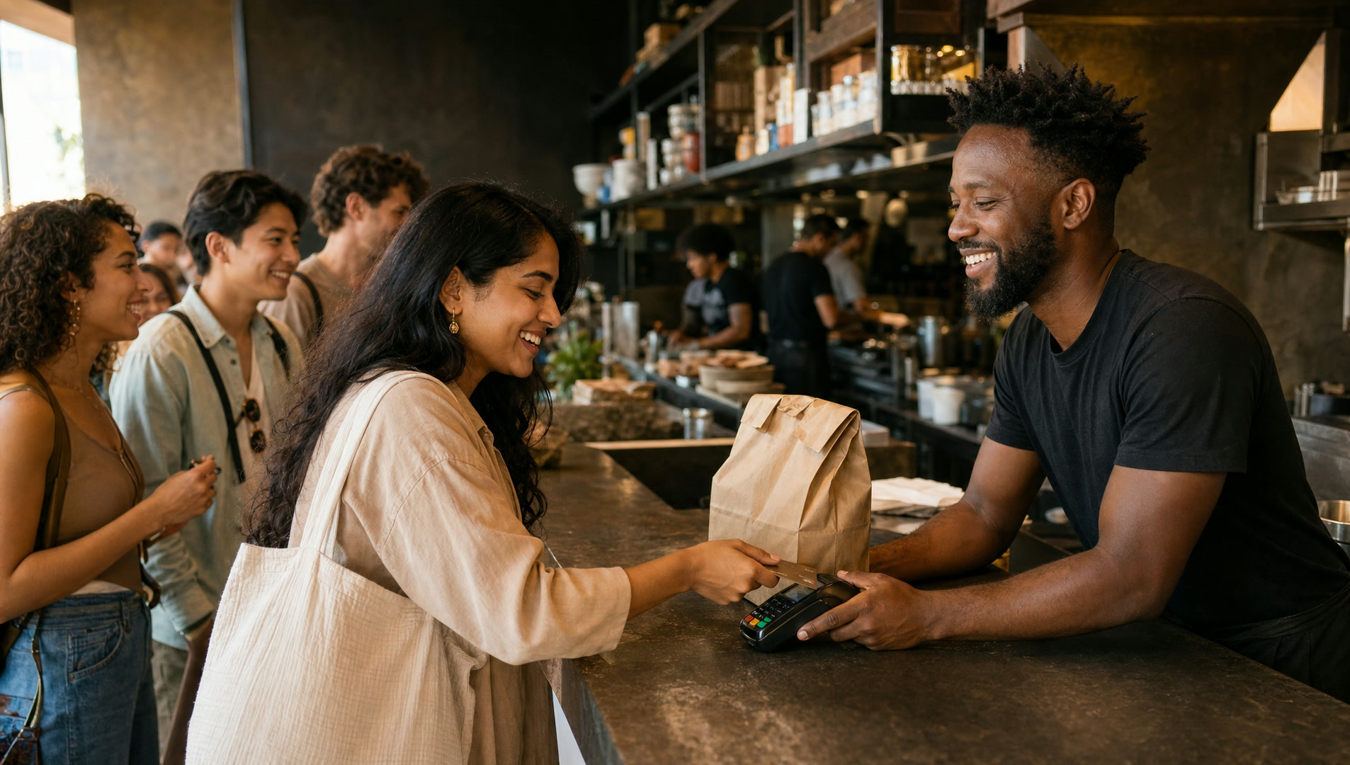A guest paying at a counter terminal